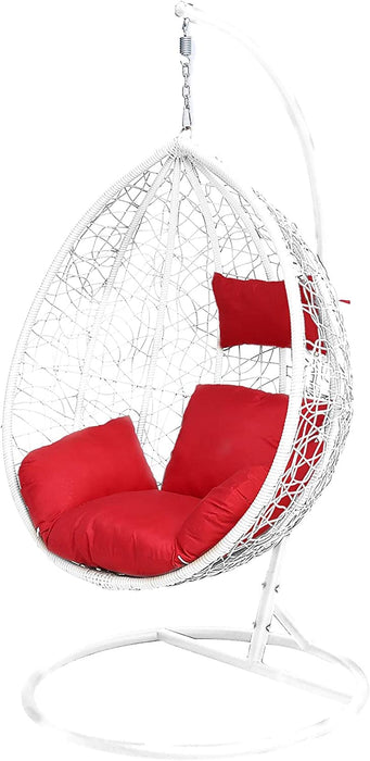 White Swing Garden Rattan Egg Chair With Stand and Red Cushions For Patio