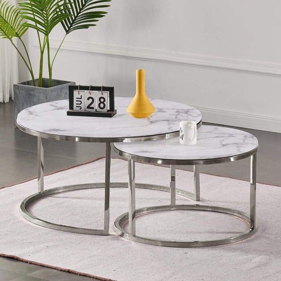 Avalon Set Of 2 Artificial Marble Top Coffee Tables In White