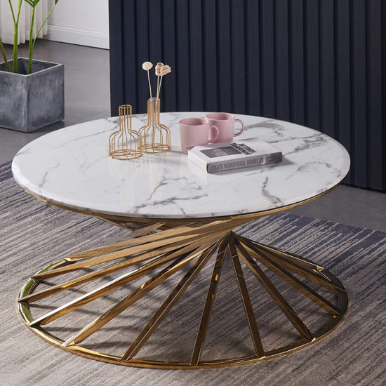 Axon Round Artificial Marble Top Coffee Table In White With Gold Frame