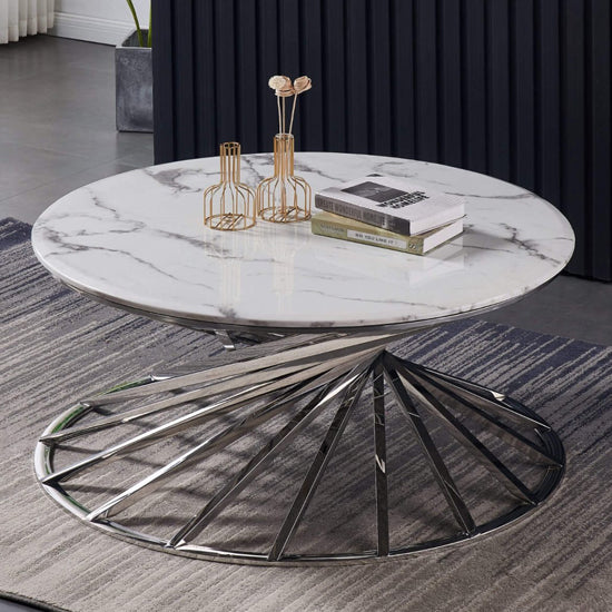 Axon Round Artificial Marble Top Coffee Table In White With Silver Frame