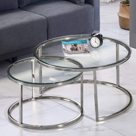 Clara Set Of 2 Clear Glass Coffee Table With Silver Stainless Steel Base