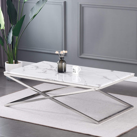 Ginetta Artificial Marble Top Coffee Table With Silver Stainless Steel Base