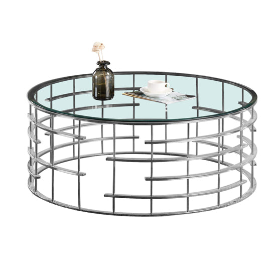 Missouri Round Clear Glass Coffee Table With Silver Stainless Steel Base