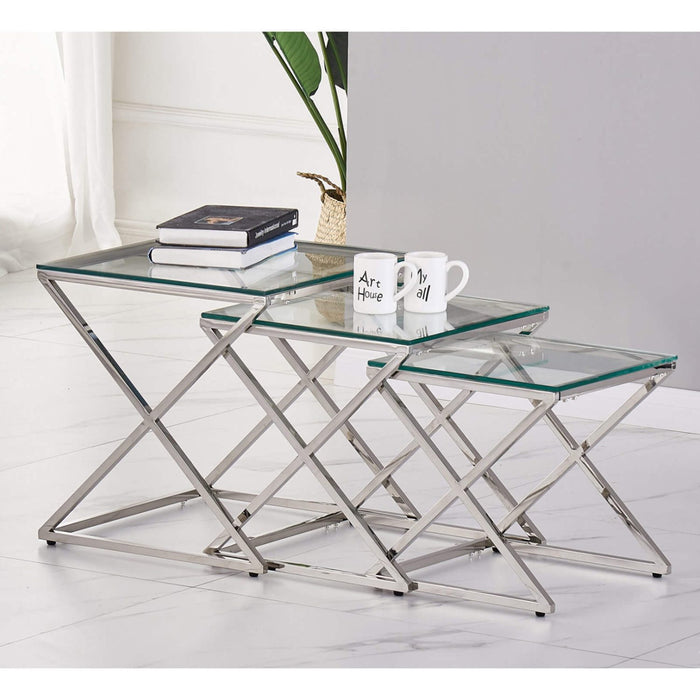 Osaka Clear Glass Nest Of 3 Tables With Silver Stainless Steel Frame