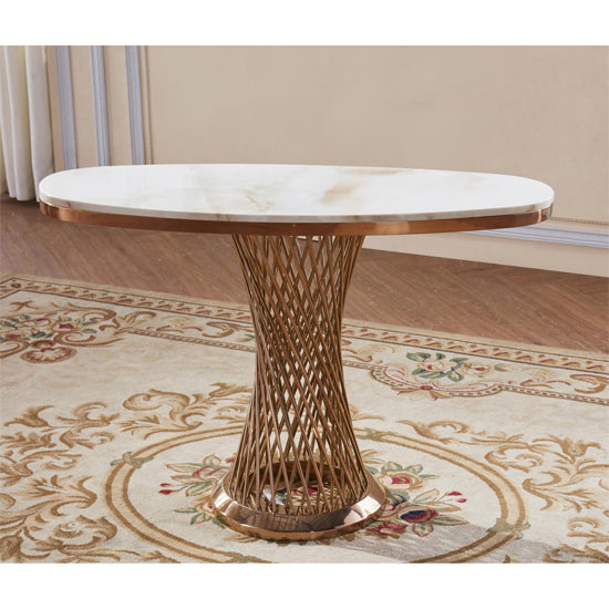 Pescara Marble Console Table In White With Rose Gold Stainless Steel Base