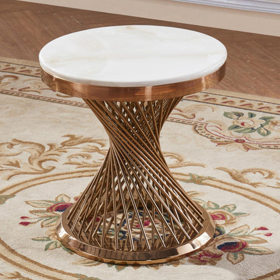 Pescara Marble Lamp Table In White With Rose Gold Stainless Steel Base