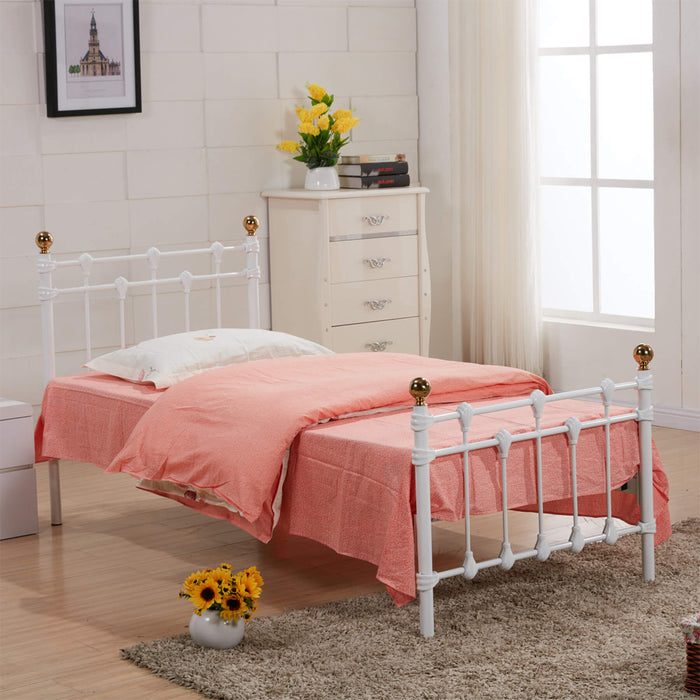 Rochelle Metal Single Bed In White With Polished Chrome Caps