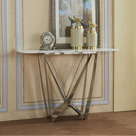Sardinia Marble Console Table In White With Silver Stainless Steel Base