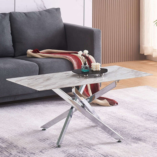 Scimitar Wooden Coffee Table In Marble Effect With Silver Legs