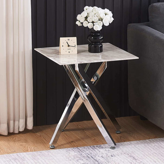 Scimitar Glass Lamp Table In Marble Effect With Silver Stainless Steel Legs