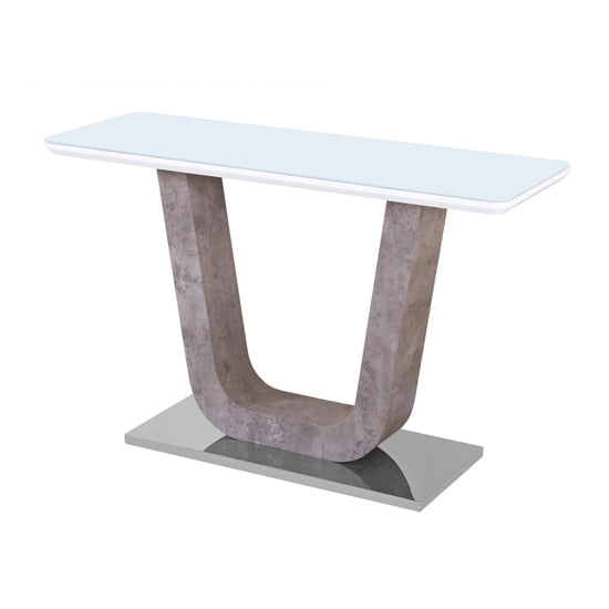 Topaz White Glass Console Table With Stone Effect And Stainless Steel Base