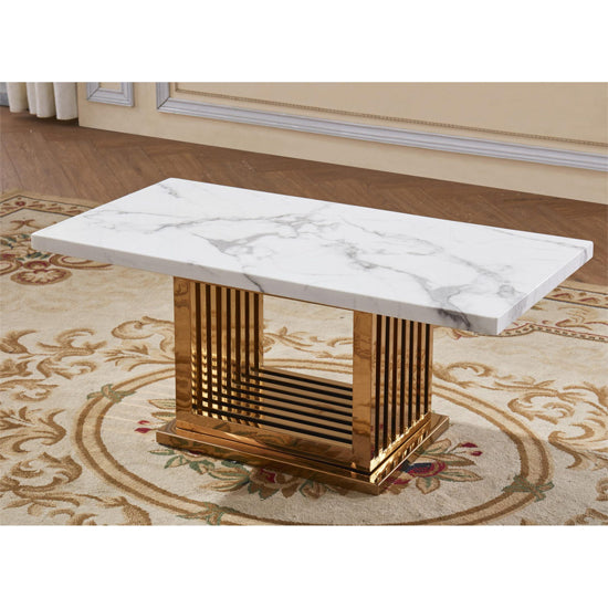 Tuscany Marble Coffee Table In White With Rose Gole Stainless Steel Base