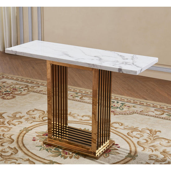 Tuscany Marble Console Table In White With Rose Gold Stainless Steel Base
