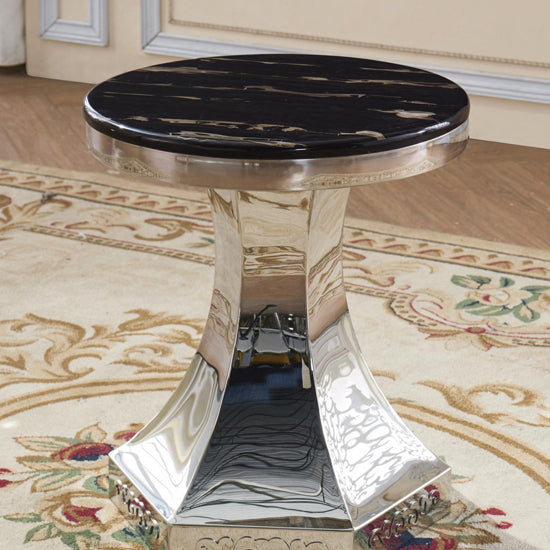 Vasto Round Marble Lamp Table In Black With Stainless Steel Base