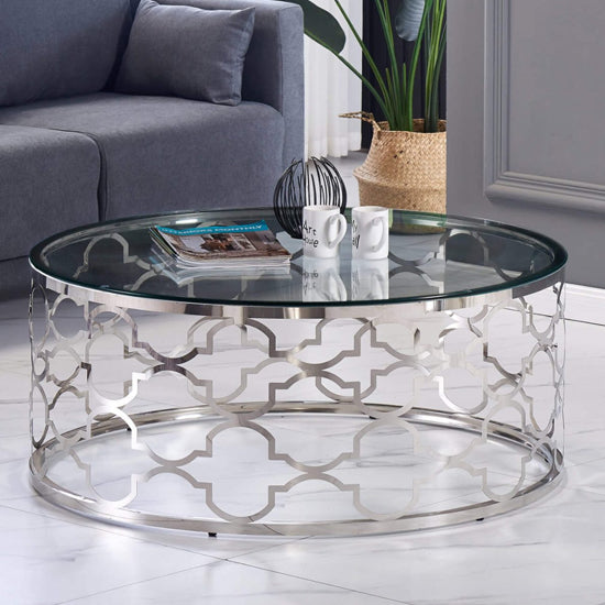 Yukon Round Clear Glass Coffee Table With Silver Stainless Steel Base
