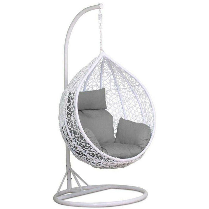 White Swing Garden Rattan Egg Chair With Stand and Grey Cushions For Patio