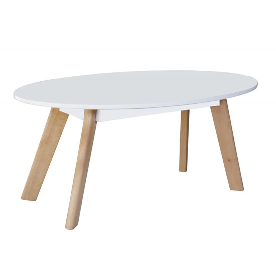 Biloxi Oval Wooden Coffee Table In White With Oak Legs