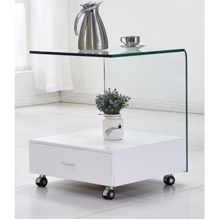 Cresta Clear Glass Lamp Table With White Wooden Drawer