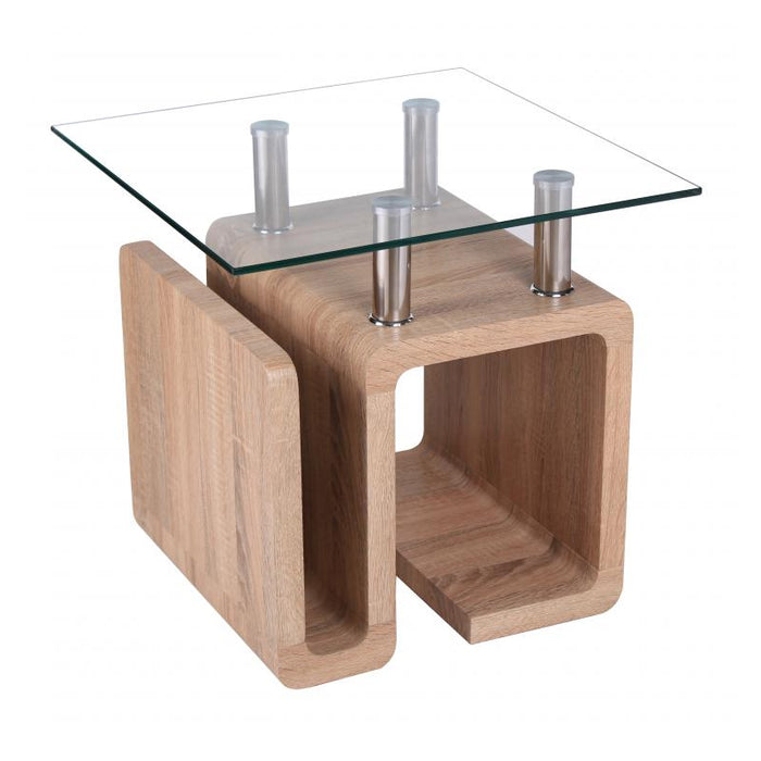 Edith Clear Glass Lamp Table In Natural Wooden Base