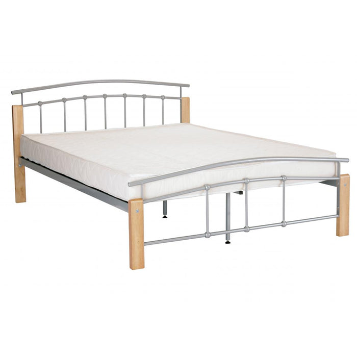 Tetras Metal King Size Bed In Silver And Beech Posts