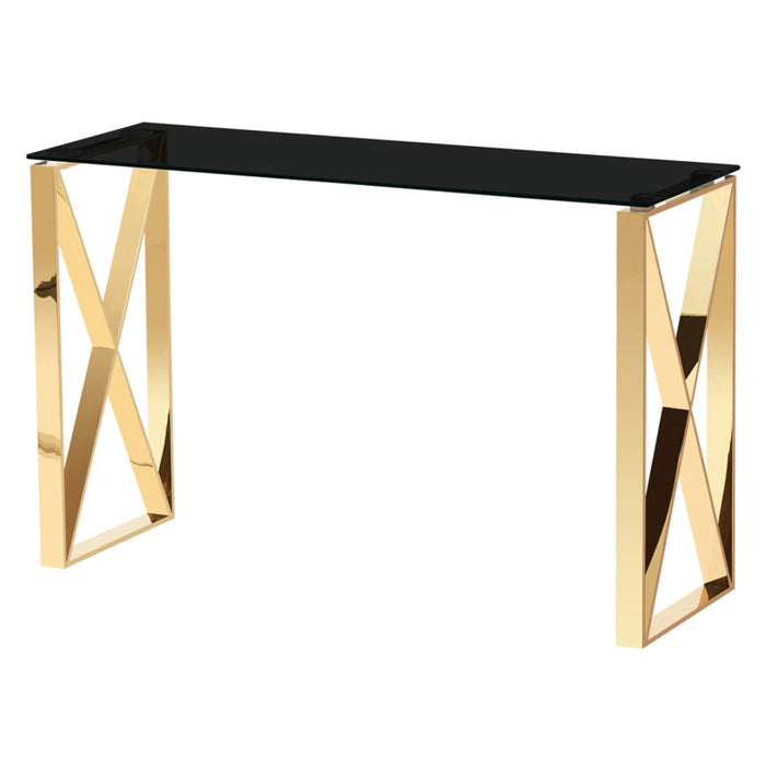 Nogales Black Glass Console Table With Gold Metal Base