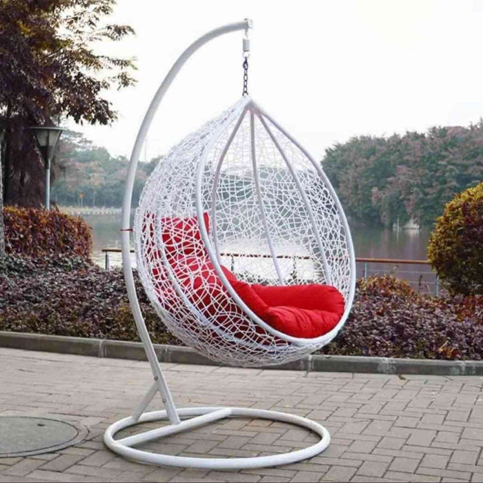 White Swing Garden Rattan Egg Chair With Stand and Red Cushions For Patio