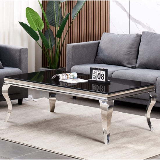 Atlanta Glass Coffee Table In Black With Silver Stainless Steel Legs