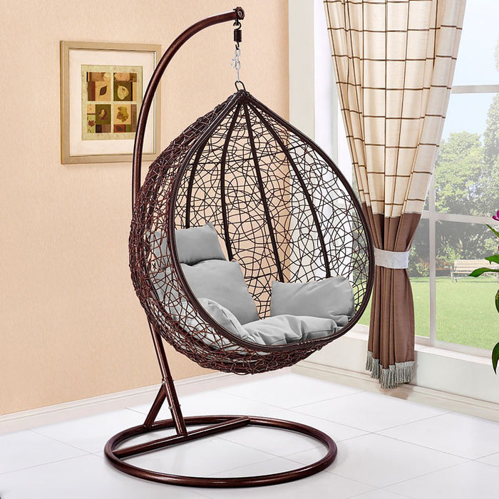 Brown Swing Garden Rattan Egg Chair With Stand and Grey Cushions For Patio