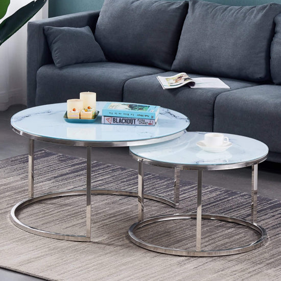 Evoque Set Of 2 Glass Coffee Tables In White Marble Effect