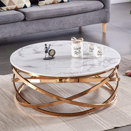Nabraska Artificial Marble Coffee Table In White With Gold Stainless Steel Base
