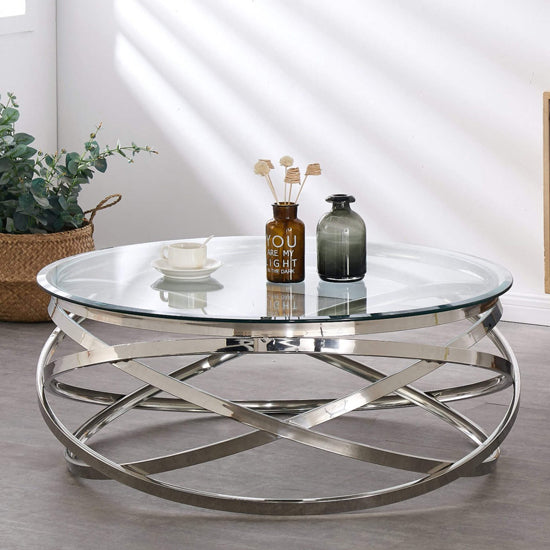 Nevada Round Clear Glass Coffee Table With Silver Stainless Steel Base