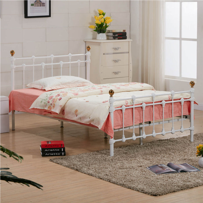 Rochelle Metal Double Bed In White With Polished Chrome Caps