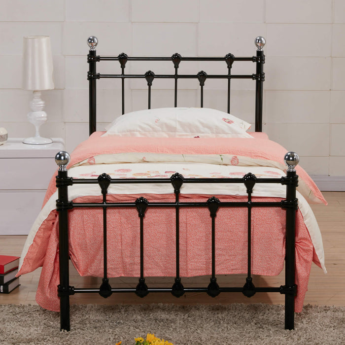 Rochelle Metal Single Bed In Black With Polished Chrome Caps