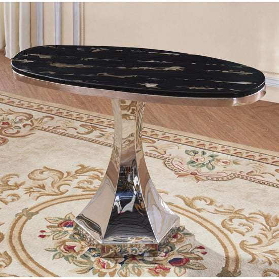 Vasto Oval Marble Console Table In Black With Stainless Steel Base