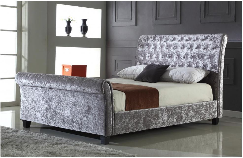 Vicenzo Crushed Velvet 4FT6 Double Size Bed in Silver