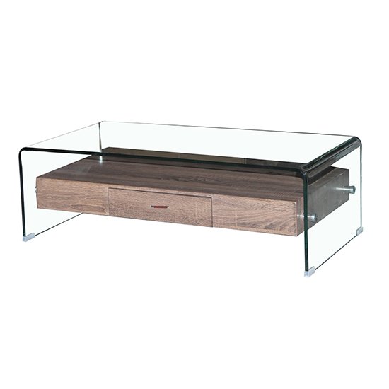 Alpine Clear Glass Coffee Table With Wooden Drawer