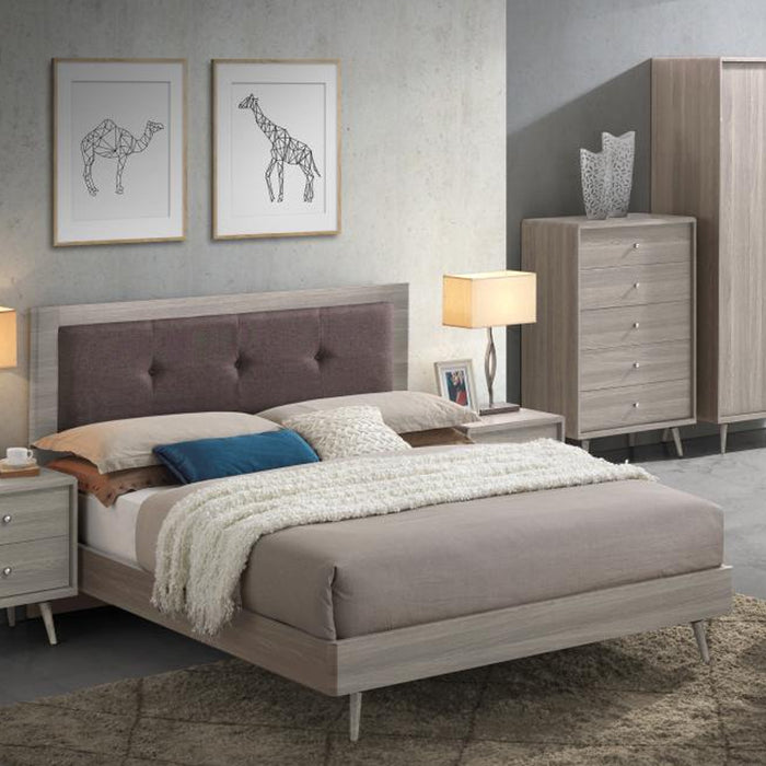 Bajram Mocca Fabric Upholstered 4FT6 Double Bed With Grey Oak Headboard
