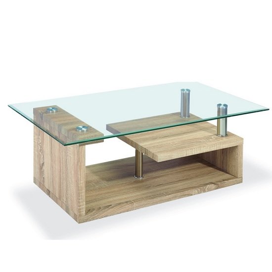 Bismarck Clear Glass Top Coffee Table With Natural Wooden Base