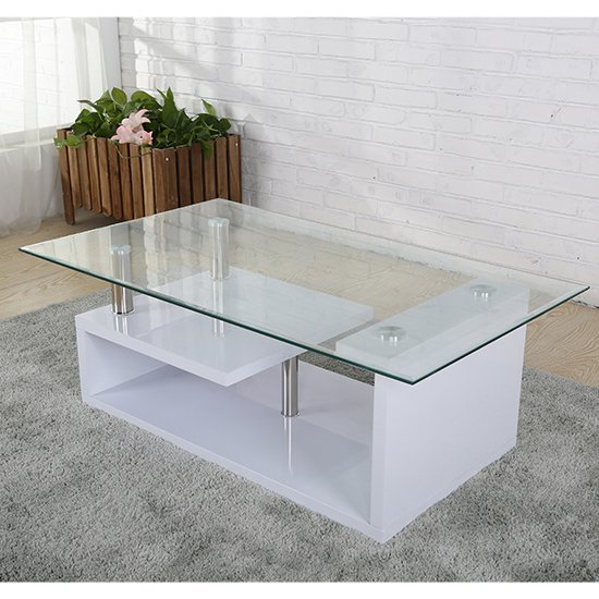 Bismarck Clear Glass Top Coffee Table With White High Gloss Wooden Base
