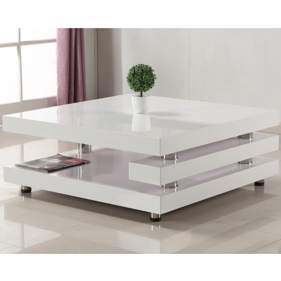 Brainerd Square Coffee Table In White High Gloss With Stainless Steel Frame