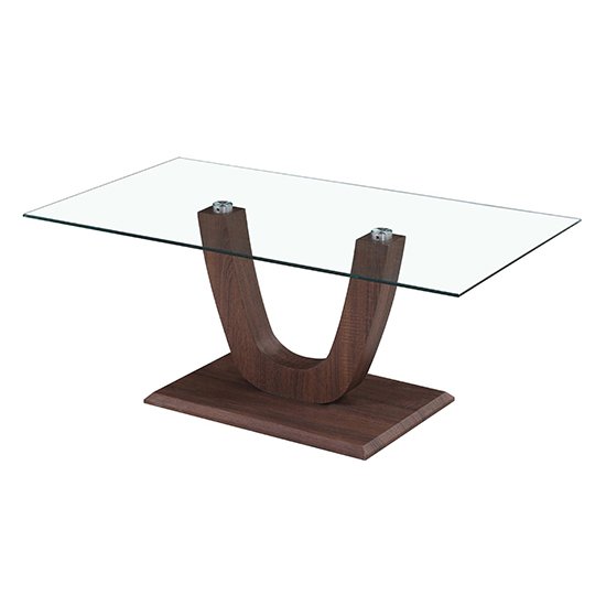 Cheney Clear Glass Top Coffee Table With Walnut Wooden Base