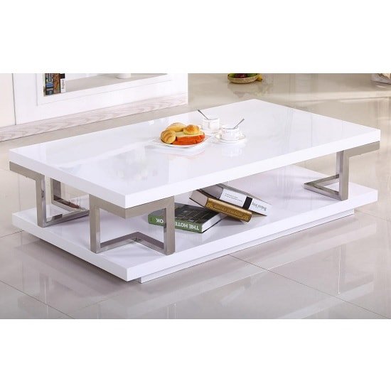Cincinnati Coffee Table In White High Gloss With Stainless Steel Frame