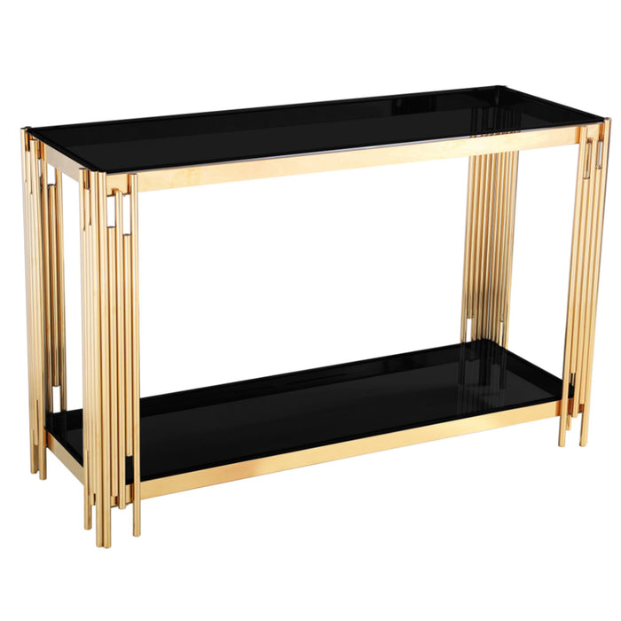 Clarkdale Black Glass Console Table With Gold Base