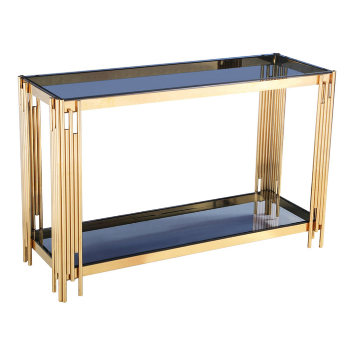 Clarkdale Grey Glass Console Table With Gold Base