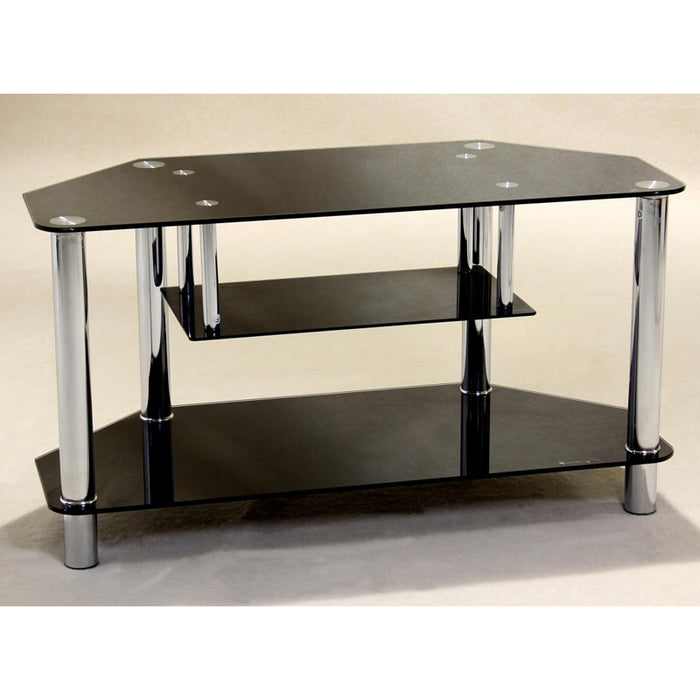 Clarkston Corner Black Glass TV Stand With Chrome Support