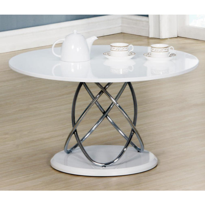 Eagar Wooden Coffee Table In White High Gloss With Chrome Base
