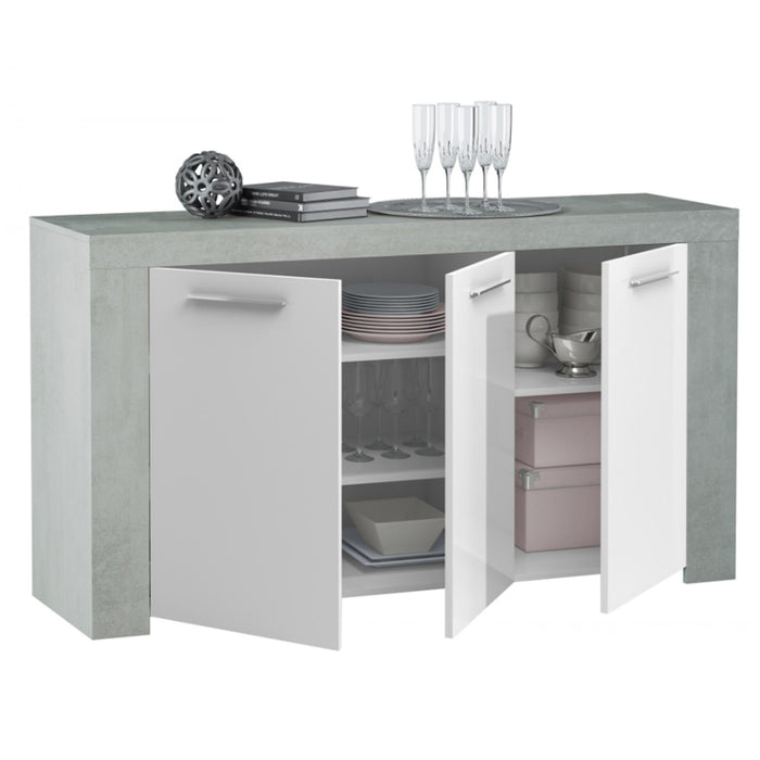 Eloy Sideboard With 3 Doors In White High Gloss And Concrete Effect