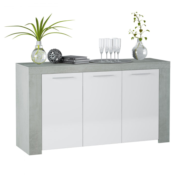 Eloy Sideboard With 3 Doors In White High Gloss And Concrete Effect