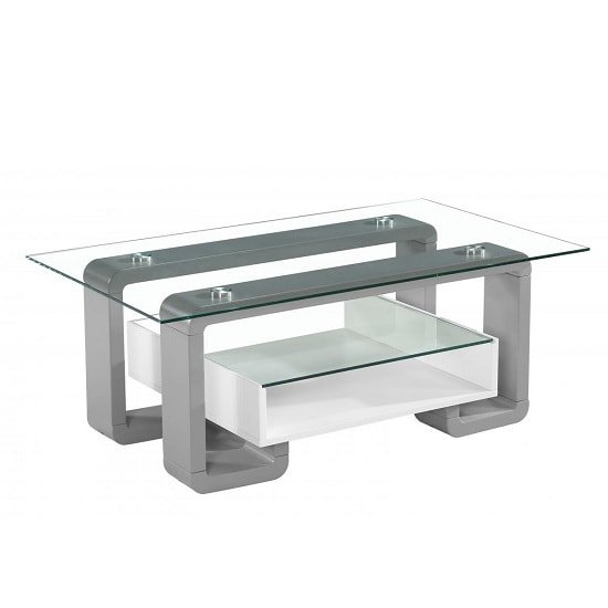Everett Clear Glass Top Coffee Table With White And Grey High Gloss Base