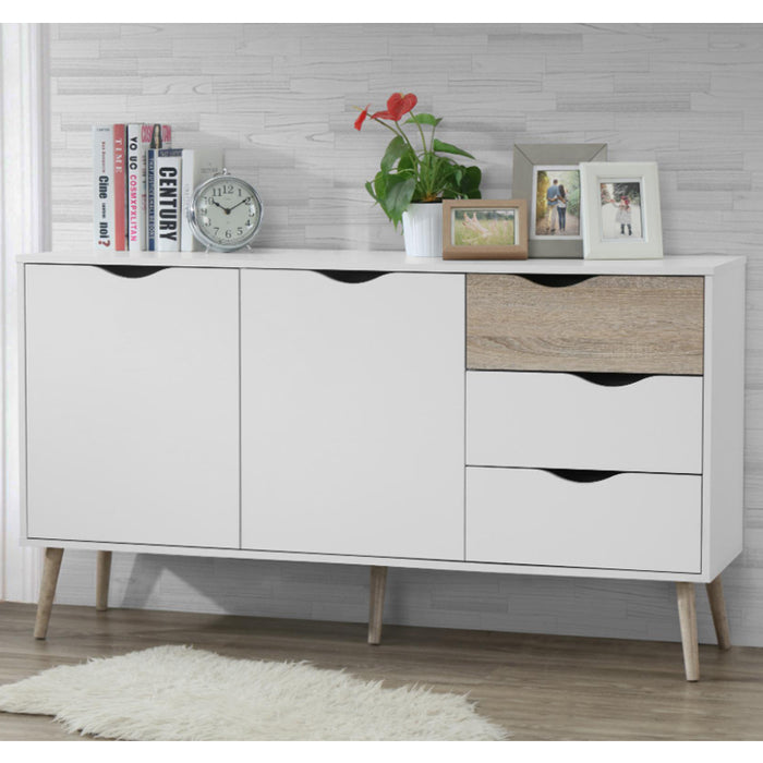 Mankato Large Sideboard With 2 Doors And 3 Drawers In White And Oak Effect